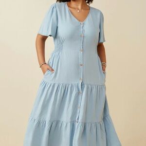 Hayden  Blue Button-Front Midi Dress